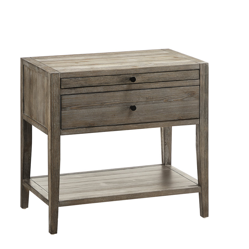 Gris vieilli, table de chevet à tiroir simple, modèle de conception française, glissières latérales en métal, poignées noires, plateau coulissant, tablette ouverte, style décontracté rustique côtier, aucun concept d'assemblage requis