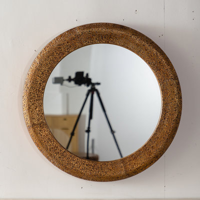 31.3 Inch Hammered Gold Round Wall Mirror With Iron Frame And MDF Back, Rustic Accent For Living Room Or Bedroom