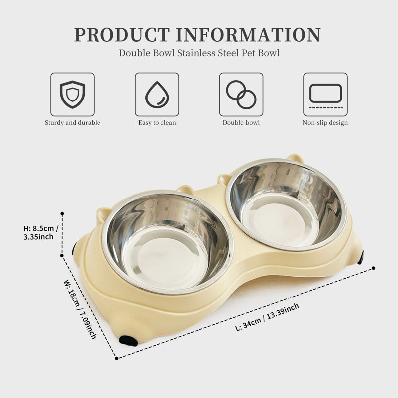 Gamelle double pour chat avec base antidérapante, en acier inoxydable, acier et polyéthylène (PE), ensemble de 1, couleur beige. Antidérapante, facile à nettoyer et résistante à la rouille.