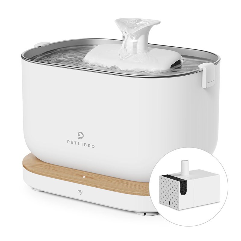 White Wireless Battery Operated Cat Water Fountain with Stainless Steel Tray