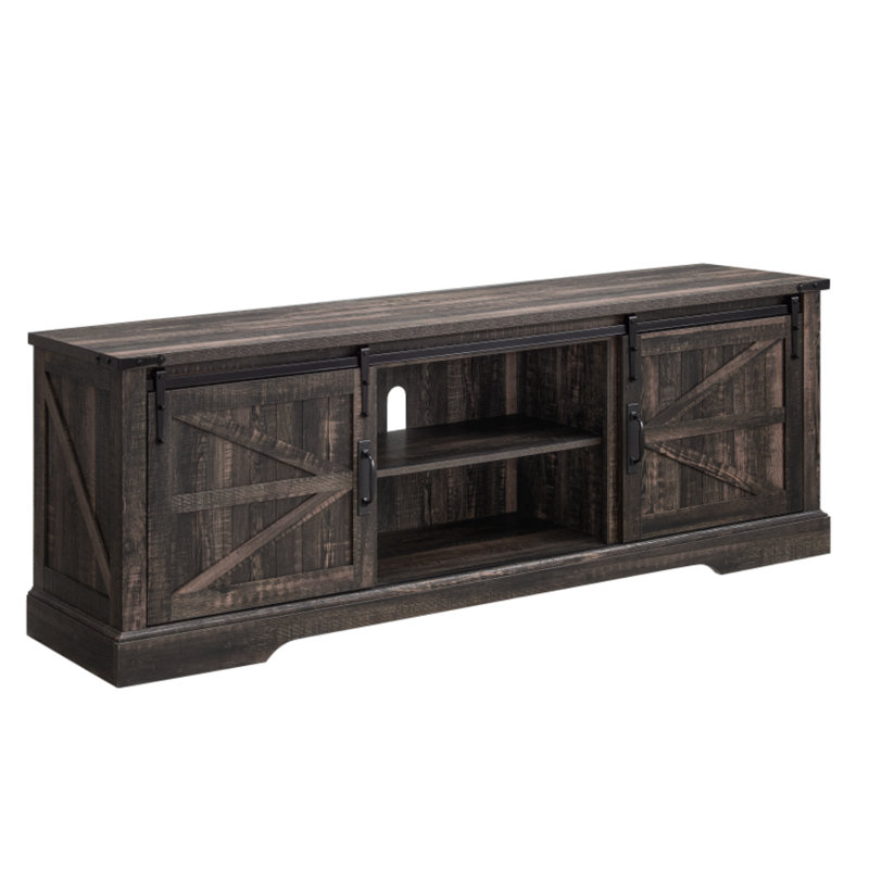 Dark Rustic Oak Farmhouse TV Stand with Sliding Barn Doors