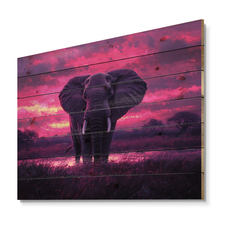 Éléphant dans la lueur du crépuscule d'Afrique I - Impression sur bois d'éléphant - sur bois de pin naturel