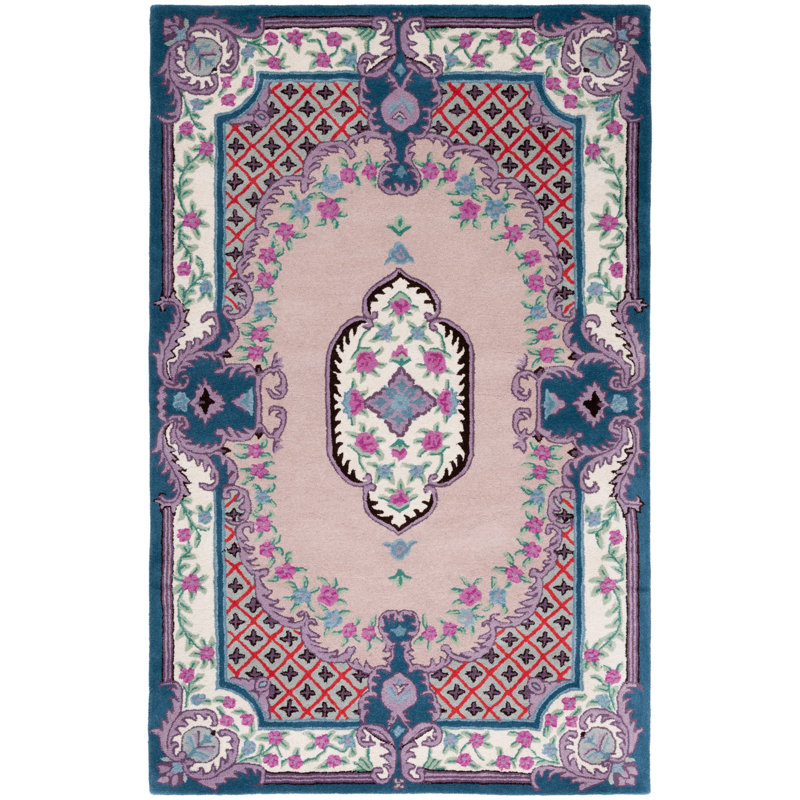 Tapis rose / ivoire en laine touffeté à la main à motif floral Luxembourg, Rectangle 8 pi x 10 pi