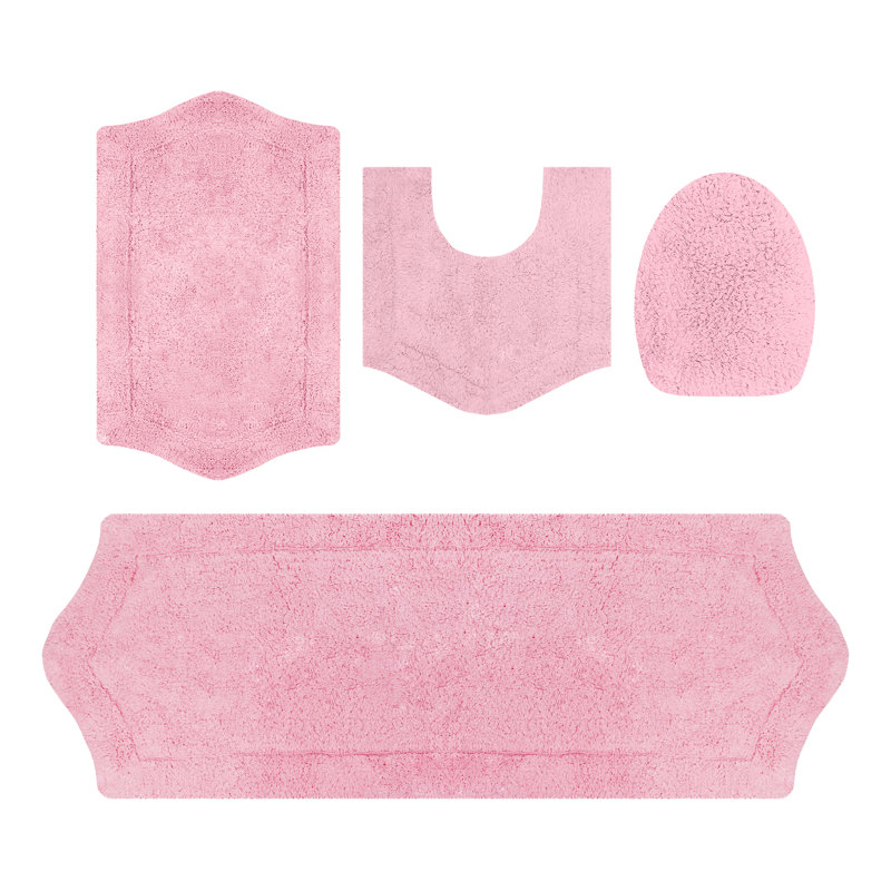 Waterford 4 Piece 100% Cotton Bath Rug Set with Lid Cover, Spray Latex Backing, Pink
