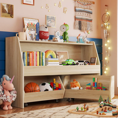 2-Tier Toy Storage & Organizer Bookshelf with Cubbies & 2 Removable Drawers - Kids Room Storage Solution for Toys, Books & Decor by Ebern Designs