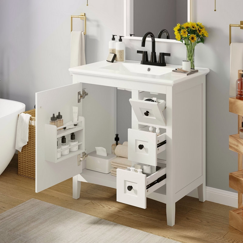 Meuble-lavabo de 30 po avec lavabo en céramique et 3 tiroirs, armoire de rangement moderne en bois massif, idéale pour la maison