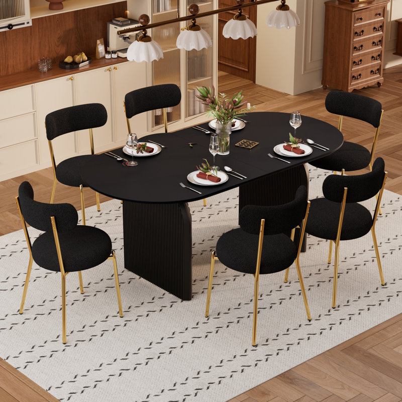Ensemble de table de salle à manger 7 pièces 7 pièces, Noir et or, Noir