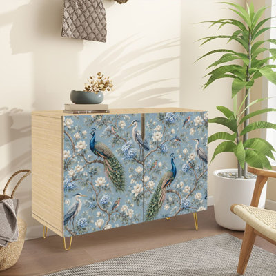 Sideboard Buffet Cabinet with Storage Seamless chinoiserie style herons peacock birds peonies with 2 Doors for Living Room and Kitchen