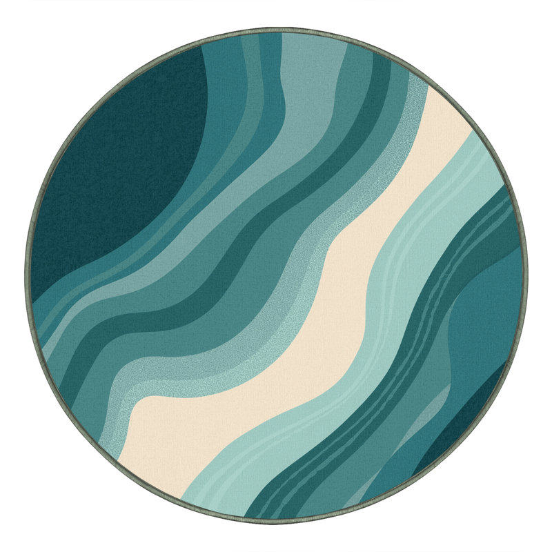 Tapis à motif abstrait tropical doux et moelleux bleu Olivet - reliure vert sauge, Rond 4 pi