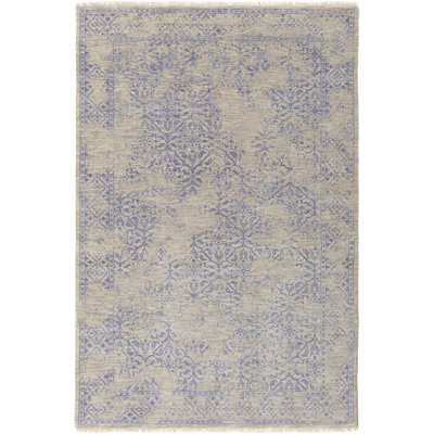 Tapis gris / bleu foncé en laine noué à la main à motif géométrique Lazzaro