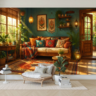 Papier peint adhésif pelucheux et adhésif pour salon Bohème Canapé confortable Vibrant coussins floraux Lumière naturelle Autocollant amovible Papier contact mural pour le salon Chambre à coucher H 100 po x l 144 po