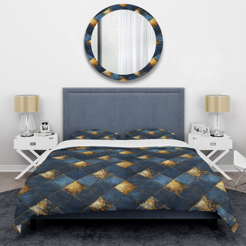 Ensemble de housse de couette transitionnel bleu doré et intemporel Argyle, Housse de couette pour grand lit et 2 taies décor