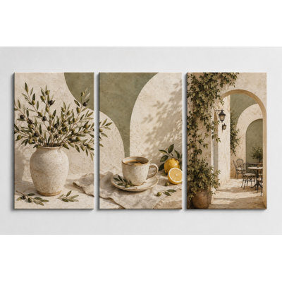 Large Mediterranean Kitchen Wall Art Set of 3 Canvas Prints, Olive Branch Lemon Coffee Artwork for Dining Room Decor, 16x24 Inch Canvas Print - Ready to hang