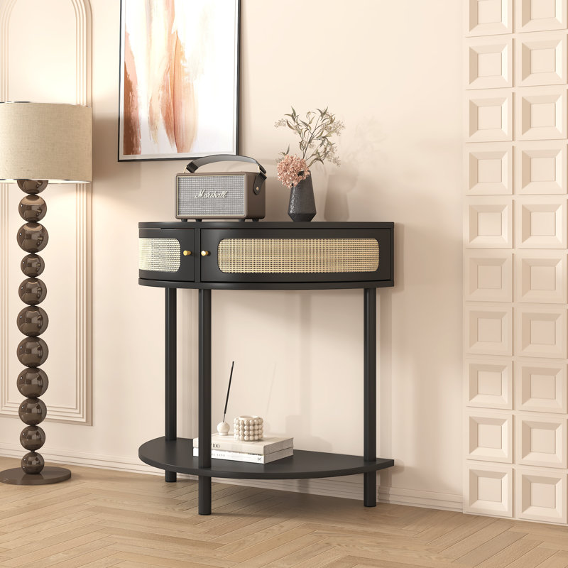 Console unique en demi-lune avec porte coulissante en rotin
