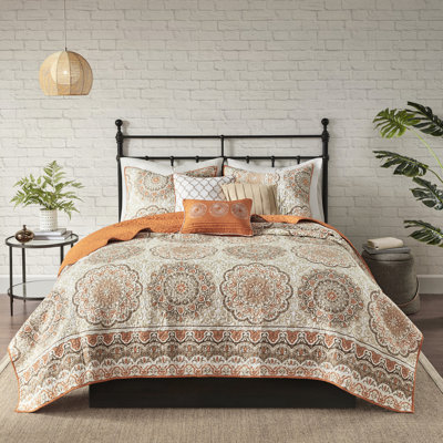 Courtepointe réversible, orange et taupe, grands médaillons, avec coussins décoratifs, literie 6 pièces avec accents, microfibre à imprimé floral