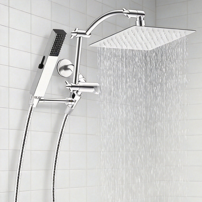 10'' Rainfall Shower Head, Dual Shower Head Combo, Adjustable Extension Arm, 71'' Hose, Chrome
