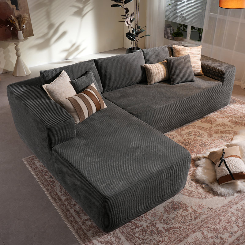 Boneless No Assembly Required Compression Packed 2 - Piece Corduroy Sofa, Gray Polyester
