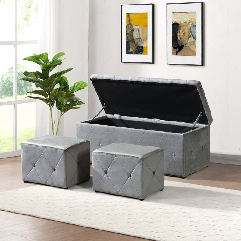 1 Piece Rectangular Storage Ottoman Short Velvet With 2 Set Ottomans (Light Gray)