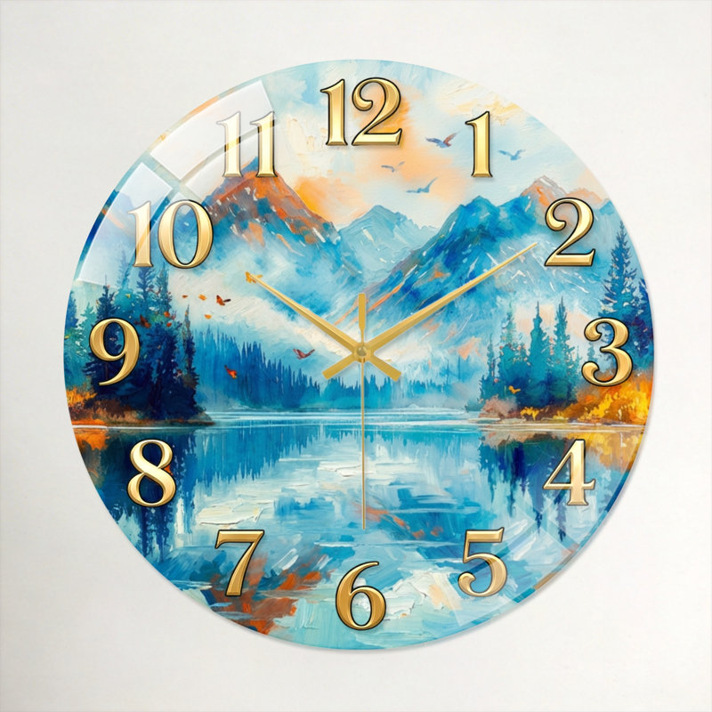 «Mountain Lake», horloge murale en verre, 40 x 40 cm (15,7 x 15,7 pouces)