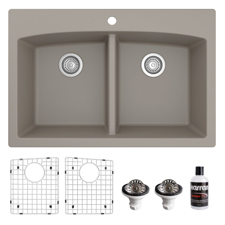 Karran Quartz 33'' X 22'' Double Bowl 50/50 Top Mount Drop-in Kitchen Sink Kit