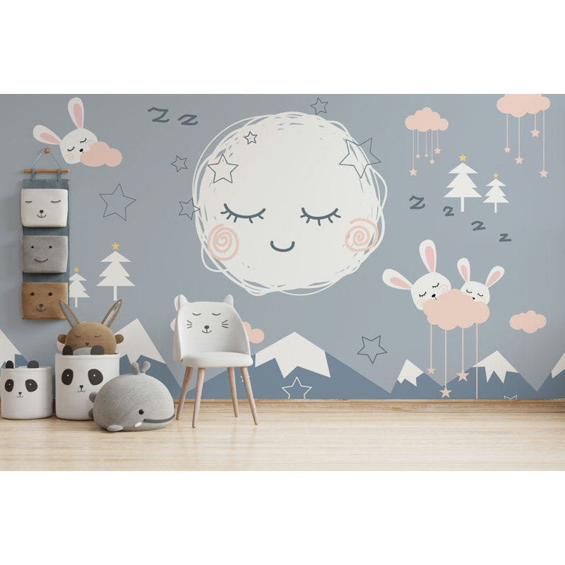 Papier peint amovible montagnes, lapins, nuages, étoiles, arbres, lune endormie, L 75 po x L 112 po
