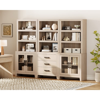 Bibliothèque de 74 po de hauteur avec portes et tiroirs en verre, bibliothèque de style campagnard avec tablettes réglables, bahut polyvalent pour le salon, le bureau personnel, la bibliothèque, beige