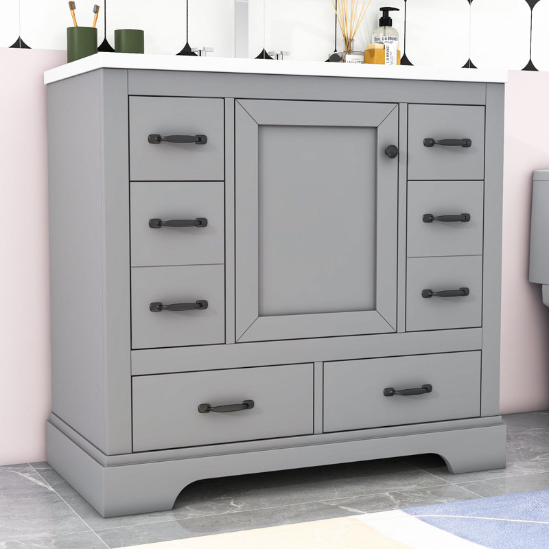 Meuble-lavabo simple 36 po avec plateau Myliyah, Noir, noir, noir, noir, Gris