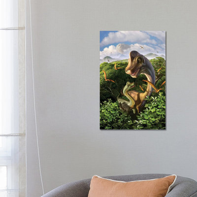 A Brachiosaurus With Young Above The Treetops, Surrounded By Pterodactyls by Jerry LoFaro - Wrapped Canvas Gallery-Wrapped Canvas Giclée