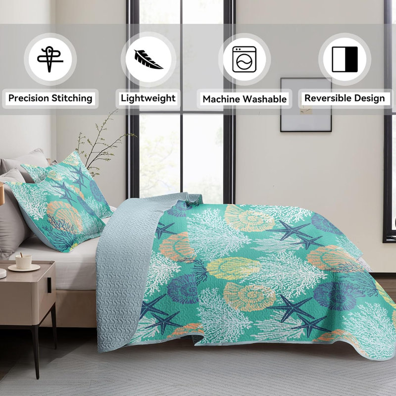 King Size Green Coastal Reversible Microfiber Quilt Set
