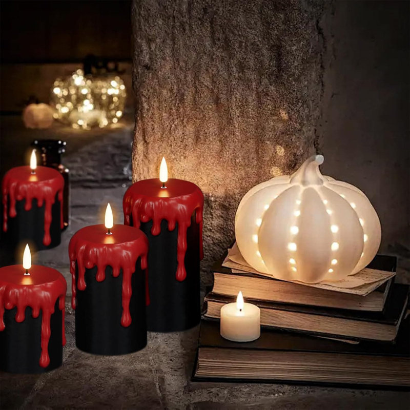 3 Pack Halloween Flameless Black Pillar Candles: 3x4"/5"/6", Battery-Operated with 6H Timer, Real Wax Dripping
