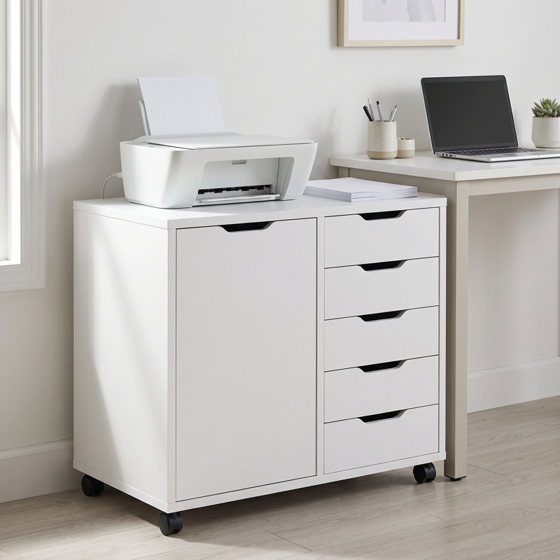 Classeur de bureau à 5 tiroirs sur roulettes, meuble de rangement mobile pour bureau à domicile, unité de classement pour documents et fournitures.