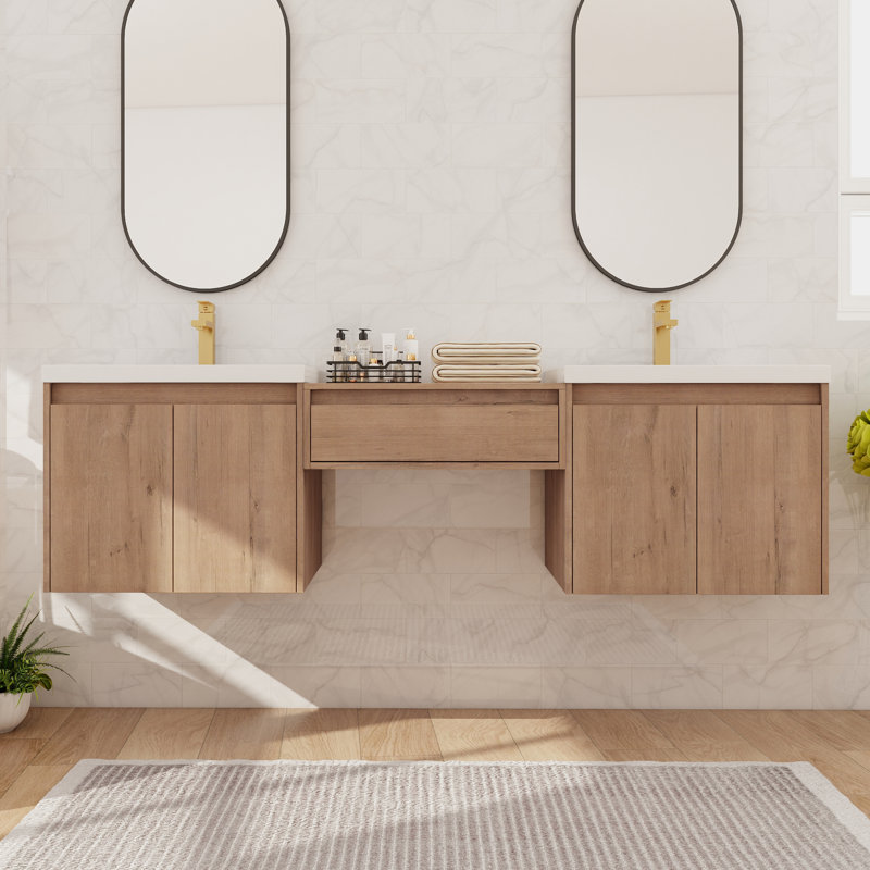 Meuble-lavabo mural double 72 po avec lavabo en résine, meuble-lavabo flottant 72 po avec 4 portes et 1 tiroir