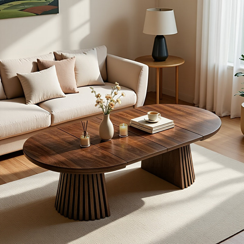 Table basse extensible moderne en bois couleur noyer, table centrale multifonctionnelle ronde à ovale avec pieds à lattes pour salon et bureau à domicile