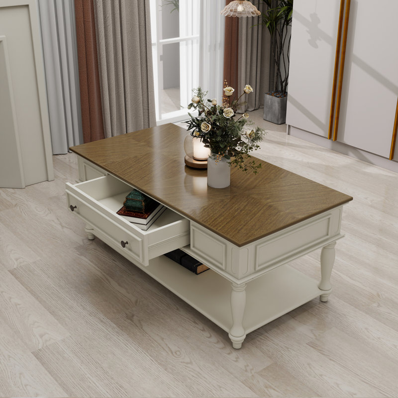 Table basse Farmhouse, table de cocktail rectangulaire mobile avec rangement, Blanc, Gris