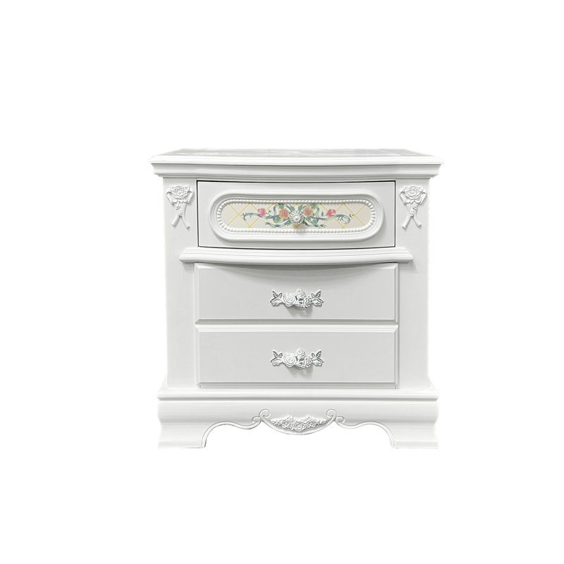 Table de chevet blanche 2 avec motifs floraux - Tiroirs coulissants en bois à centre lisse, construction, tiroir supérieur doublé de feutre pour une expérience harmonieuse dans la chambre à coucher, cadre, table d'appoint délicate