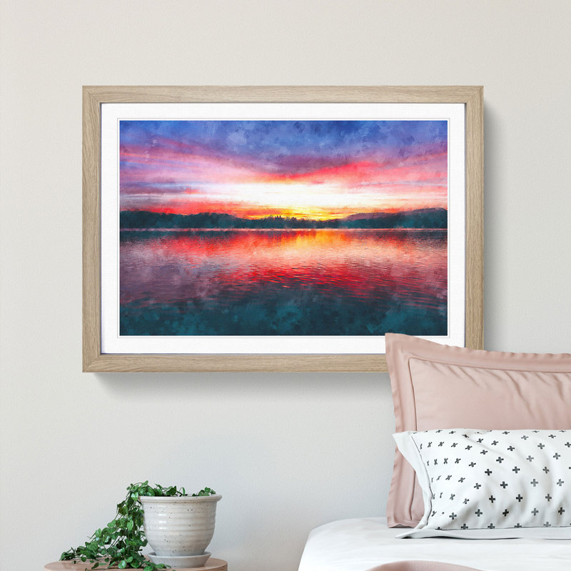 Sunset over Lake Windermere - Picture Frame Painting Print, 45cm H x 63cm W x 2cm D, Oak Framed