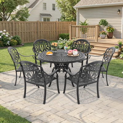 Amaurys Patio Dining Set, 6 Chairs & Round Table with Brown Cushions, Outdoor Furniture for Garden Backyard Poolside Porch