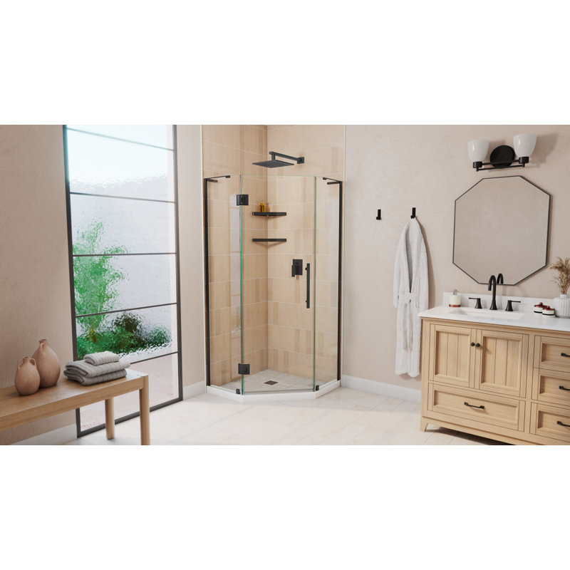 Cabine de douche à charnière néo-angle sans cadre 34 po x 72 po DreamMine Prism Plus, 34'' W, Noir mat