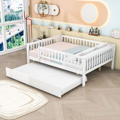 Wooden Daybed with Roll-Out Trundle and Safety Guardrails