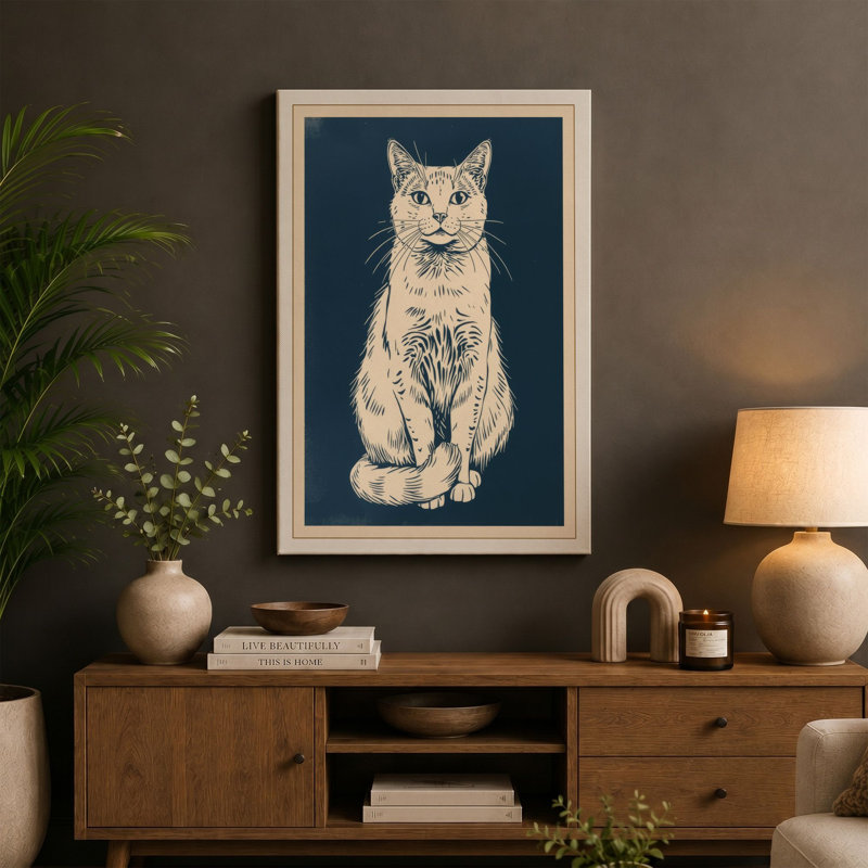 Alert Cat Portrait Japandi - Wrapped Canvas, 36x24 - 91.4 x 61.0 cm, Sage Border