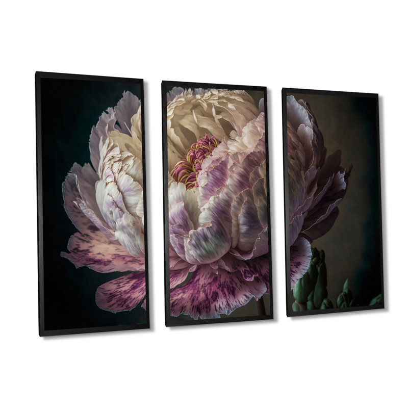 «Blossoming Pink and White Peony II», 3 impressions sur toile tendue, H 32 po x l 48 po x P 1 po, Noir
