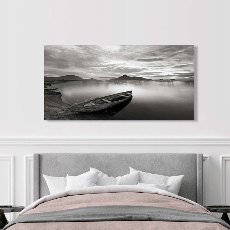 Sunset on a Lake, Scotland (B&W) 1 Piece Wrapped Canvas Wall Art, 35cm H x 70cm W x 4cm D