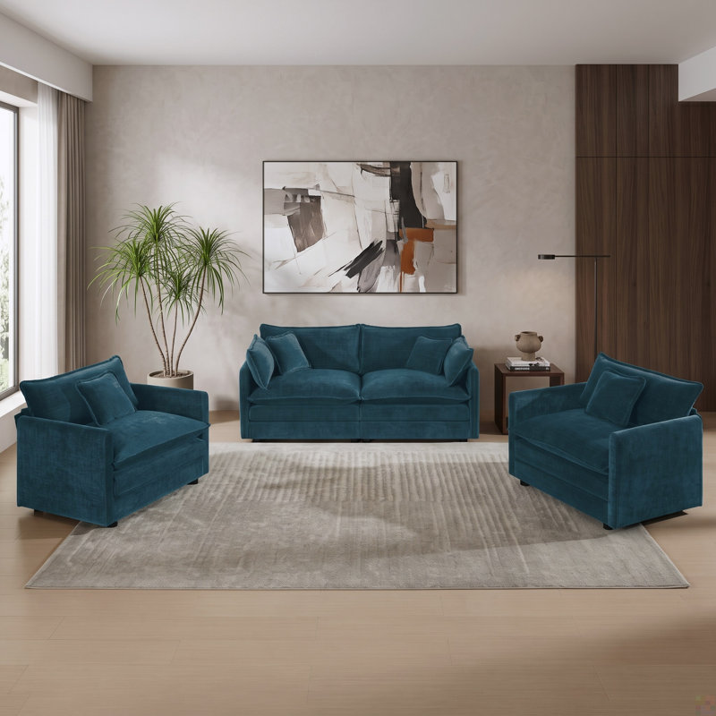 Ensemble de salon 3 pièces avec causeuse et 2 chaises d'appoint, revêtement texturé bleu foncé