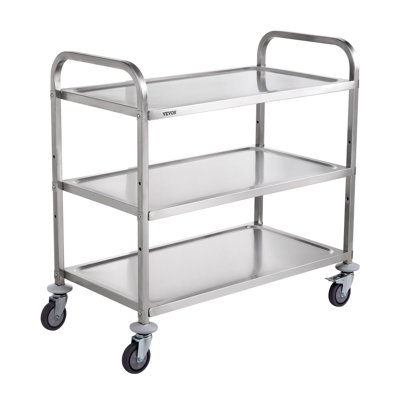 Chariot de cuisine, 3 niveaux, chariot roulant en fil métallique d'une capacité de 450 lb, chariot de service en acier sur roulettes, chariot de rangement en métal avec panier incurvé en PP de 80 mm, 6 crochets, pour l'intérieur et l'extérieur