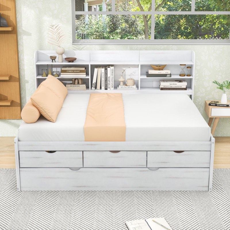 3 Drawers Full Wooden Captain Bed with Twin Trundle and Shelves, White Wash