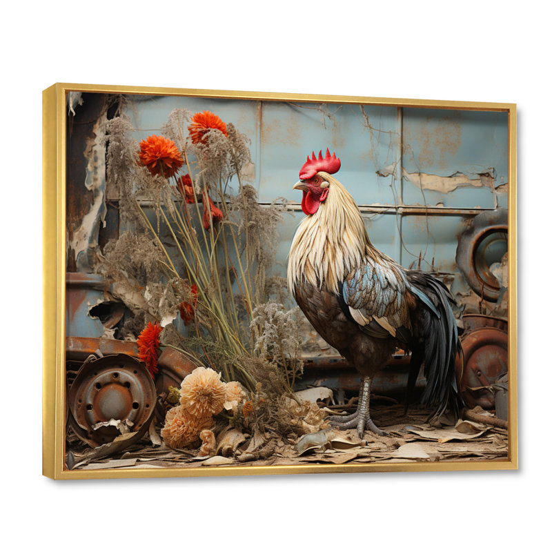 Poulet Barnyard Serenade - Reproduction d'art mural animaux, H 34 po x l 44 po x P 1,5 po, Cadre flottant doré