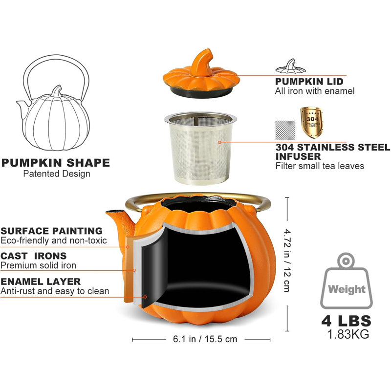 40oz Orange Pumpkin Cast Iron Teapot with Gold Handle