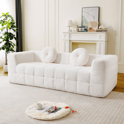 84.6-Inch Modern Boneless Couch With Two Circular Throw Pillows,Skin-Friendly Lychee-Textured Long-Pile Polyester Fabric,Checkered Fabric Design Three-Seater Foam Sofa