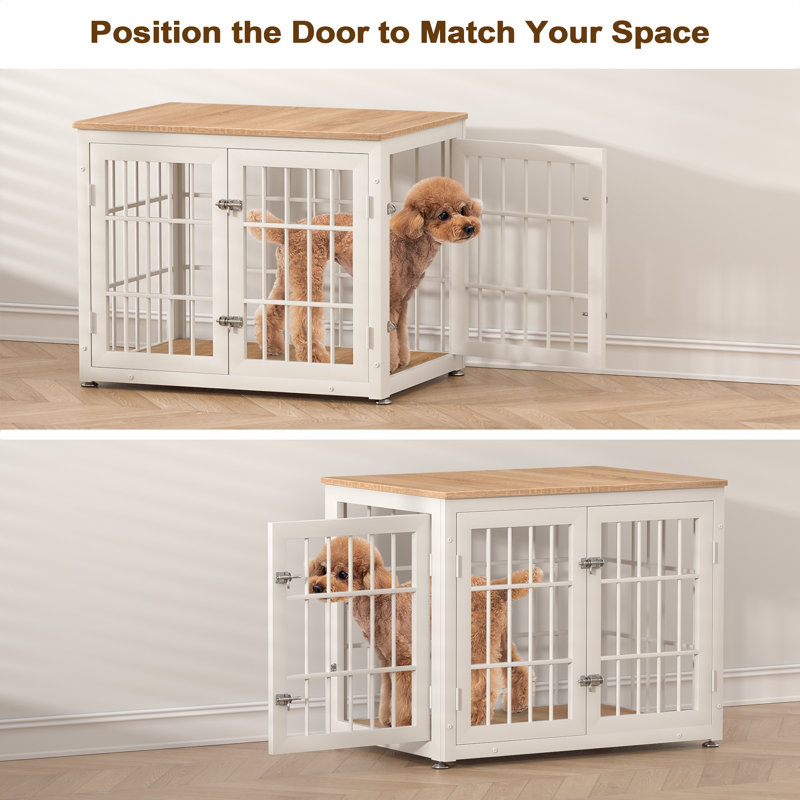 32 Inch Heavy Duty Dog Crate Furniture, Decorative Pet House End Table, Wooden Cage Kennel Furniture Indoor, White/Natural