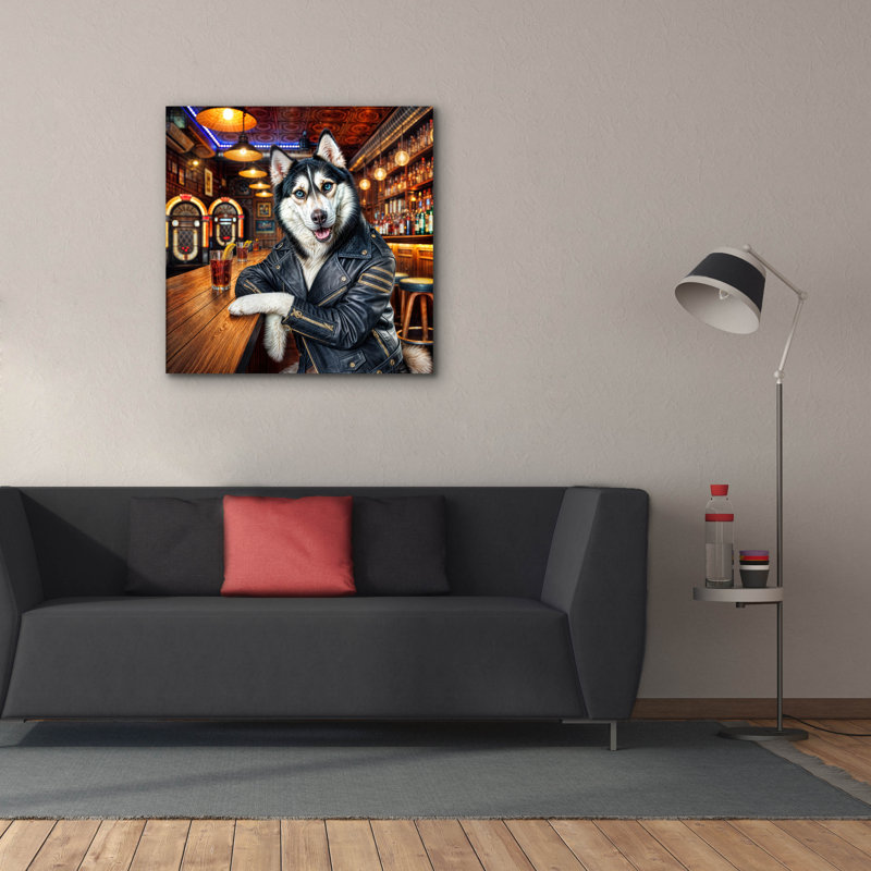 «Biker Bar Husky Dog» par Rey Klimt, art mural sur toile, H 37 po x l 37 po